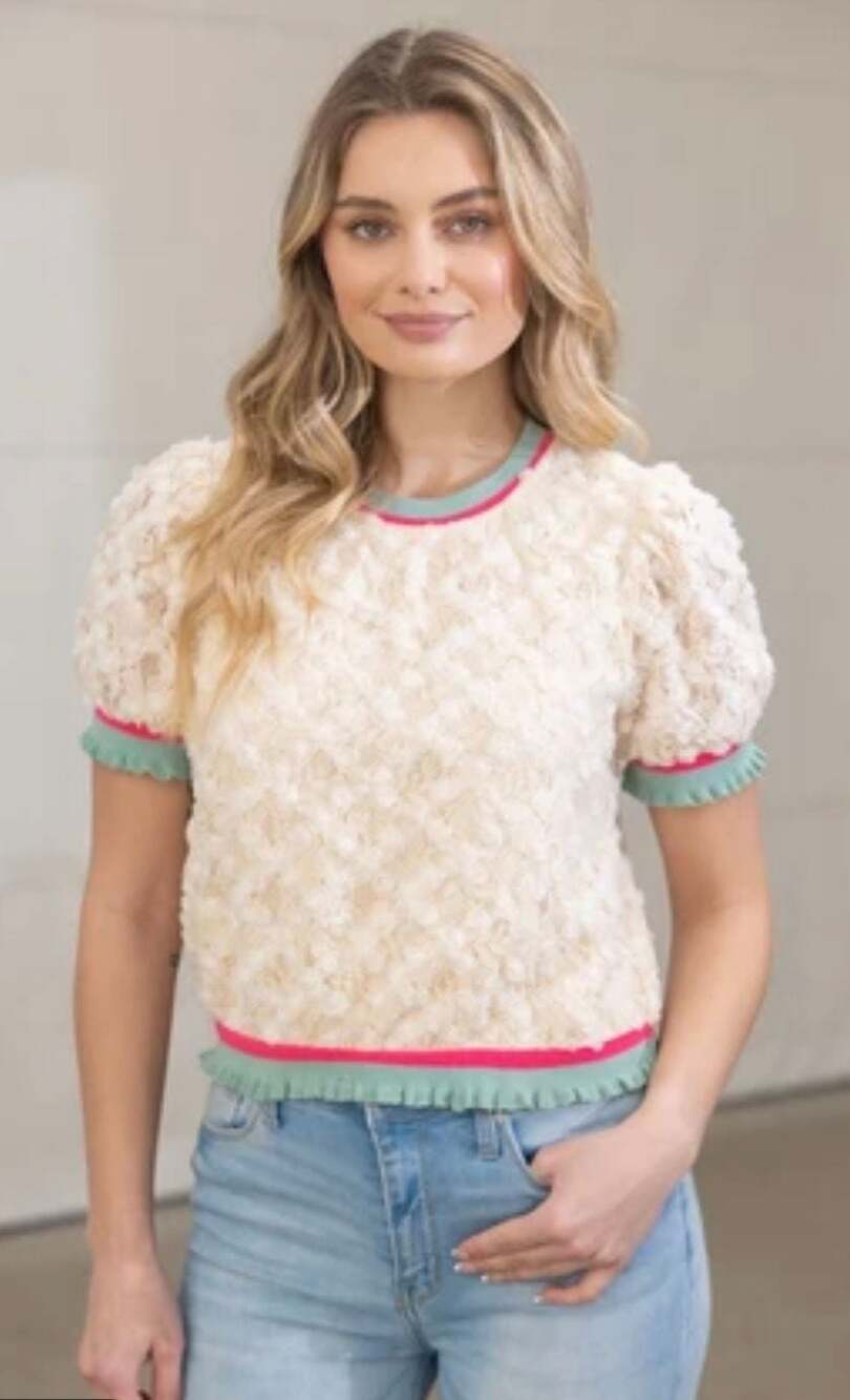 VOY Textured Floral Lace Puff Sleeve Top with Striped Ruffle Trim